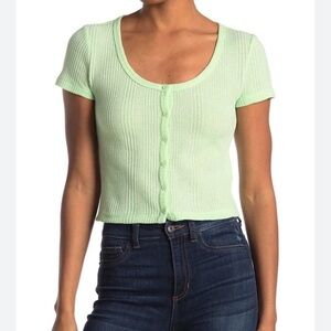 ELODIE Anthropologie Lime Green Ribbed Button Front Top Revolve XL NEW